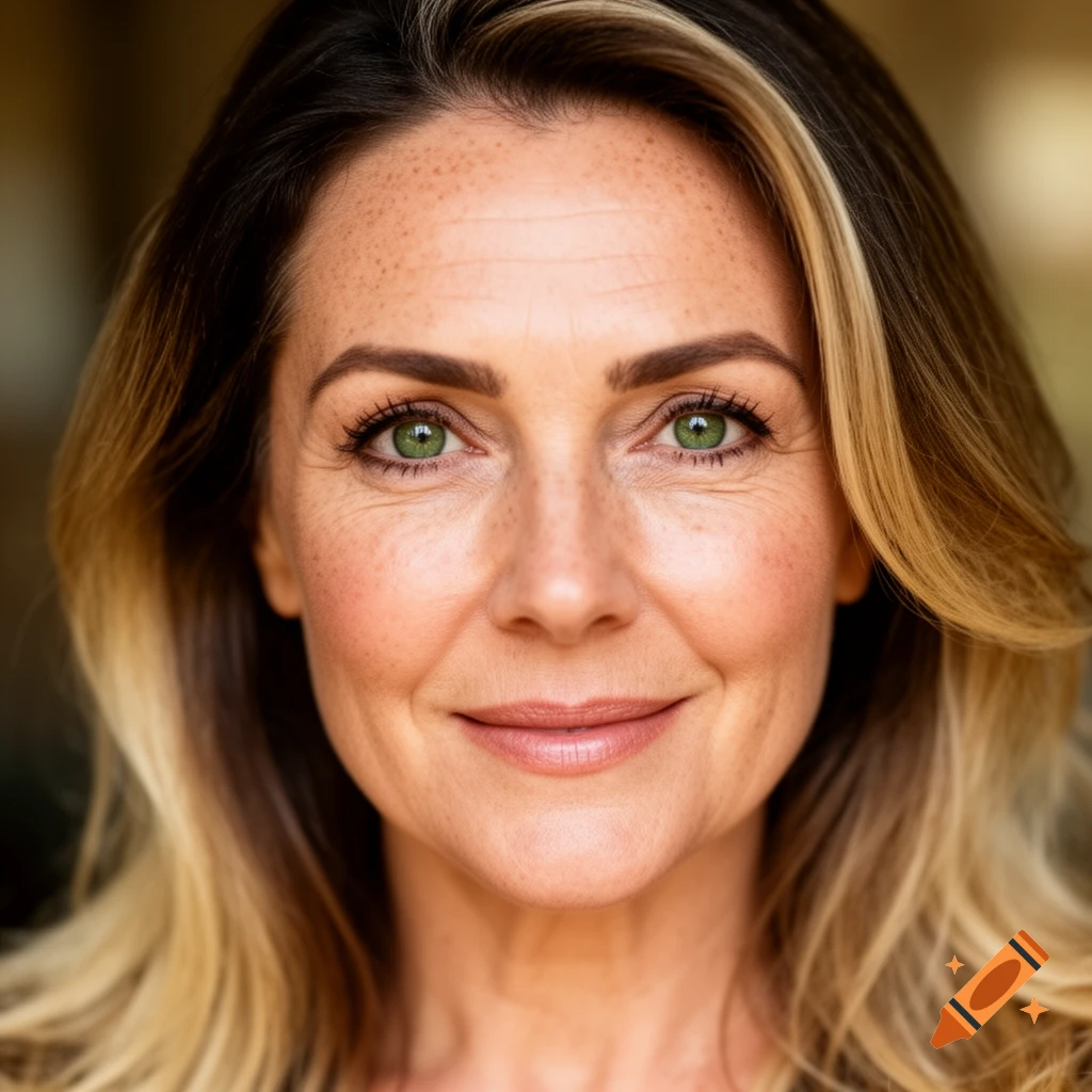 Close-up portrait of a smiling woman with green eyes, blonde hair, and freckles.