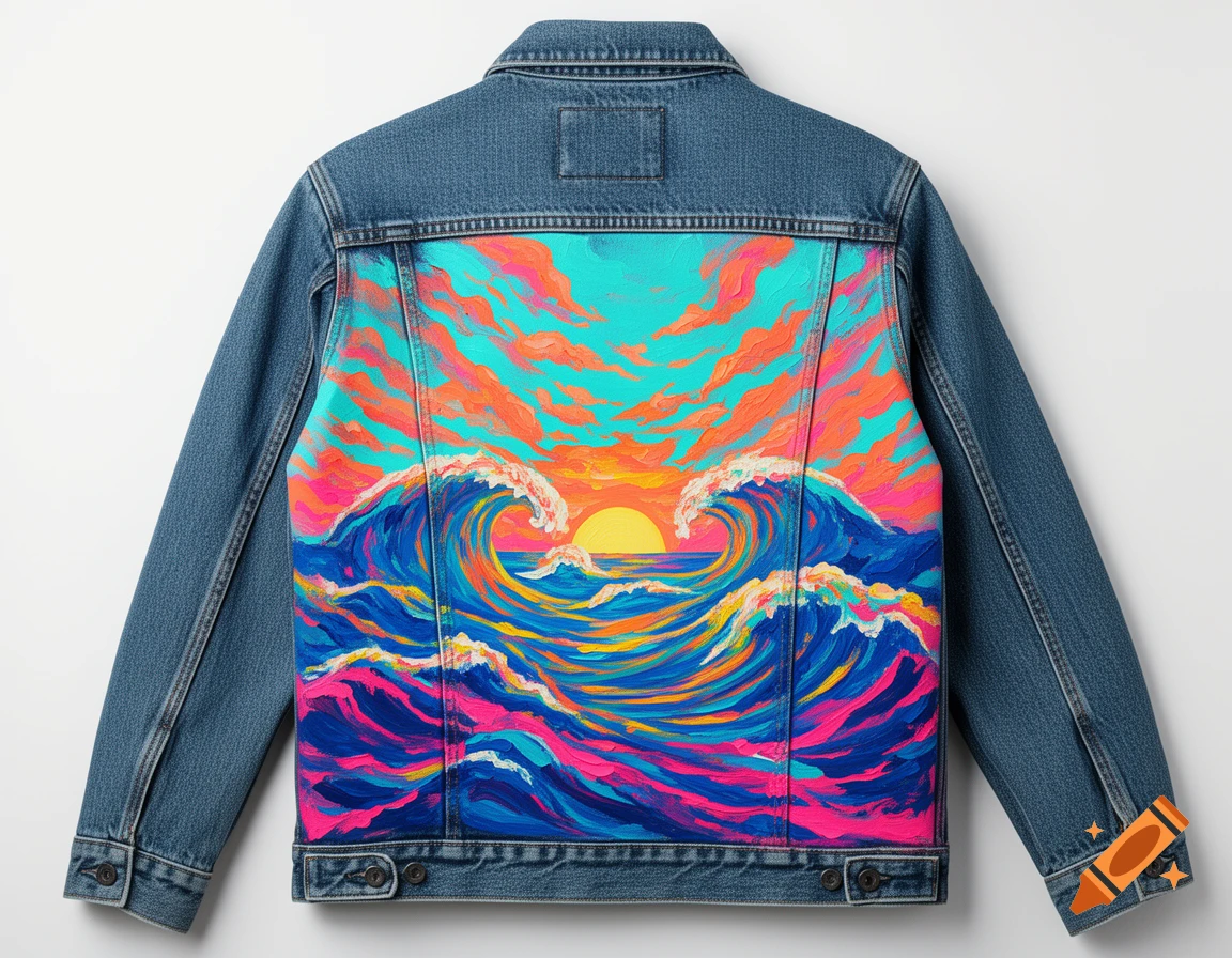 Back of a blue denim jacket with a vibrant, abstract painting of a sunset over ocean waves in pink, orange, yellow, and blue colors.