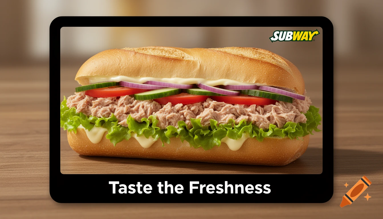 A photorealistic Subway tuna sub sandwich with lettuce, tomato, cucumber, red onion, and mayo, displayed on a screen with "SUBWAY" logo and "Taste the Freshness" text.