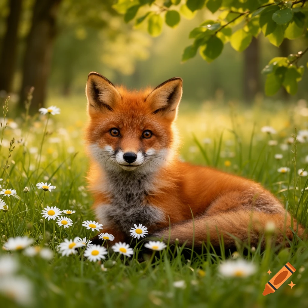 A red fox with a white chest lies in a field of white daisies and green grass, bathed in warm sunlight under leafy trees.