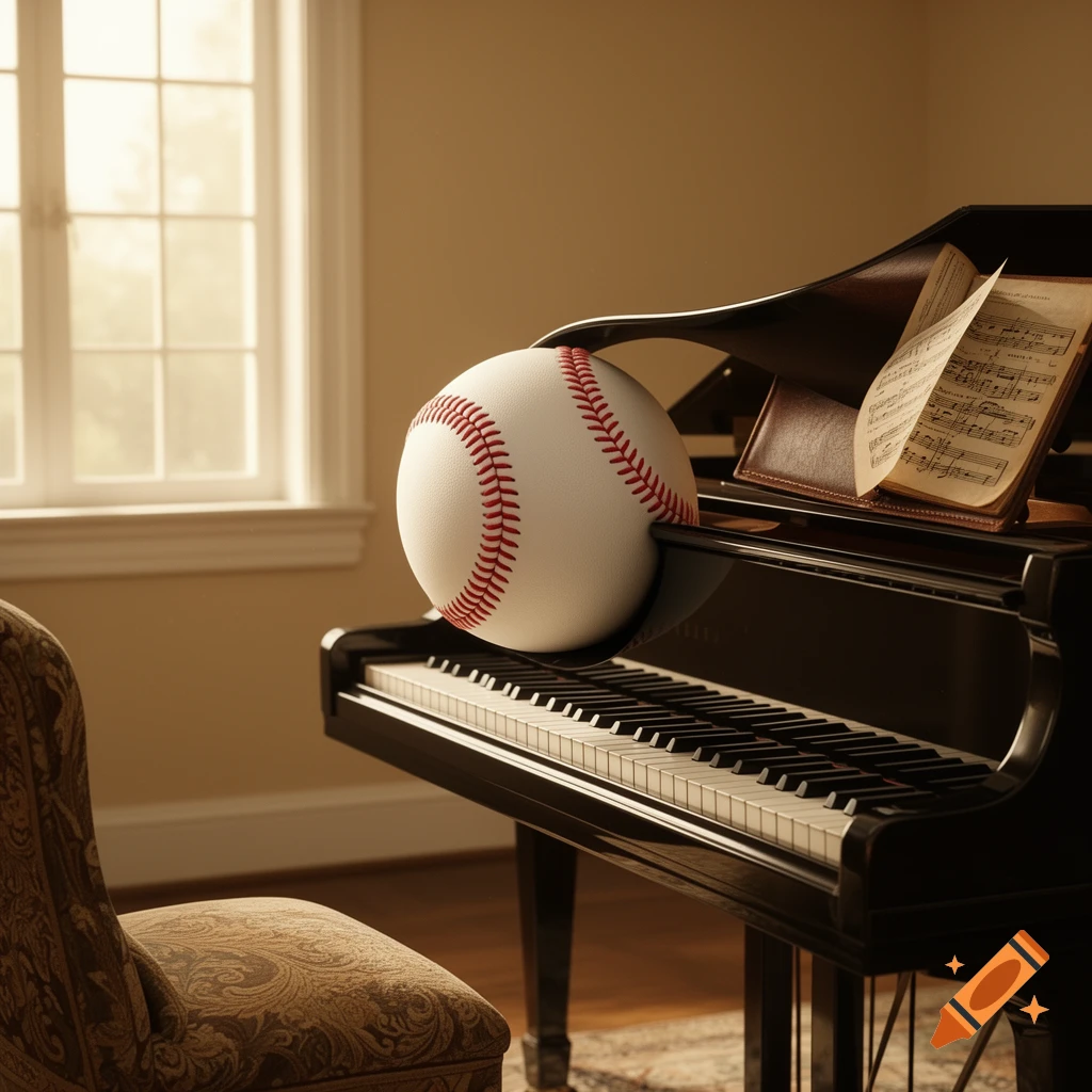 A baseball rests on a black grand piano with sheet music, near an ornate chair and a window, photorealistic style.