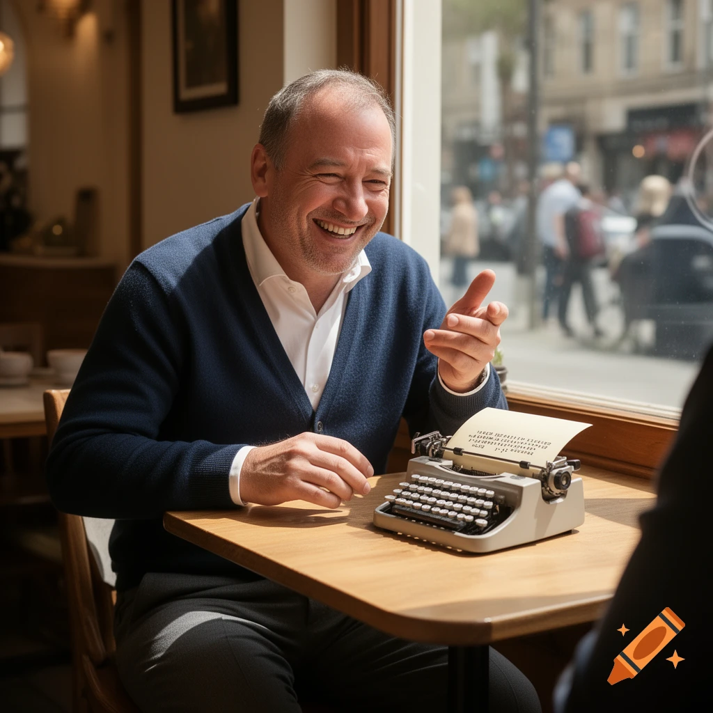 A smiling man in a blue cardigan sits at a cafe table with a vintage typewriter, gesturing.