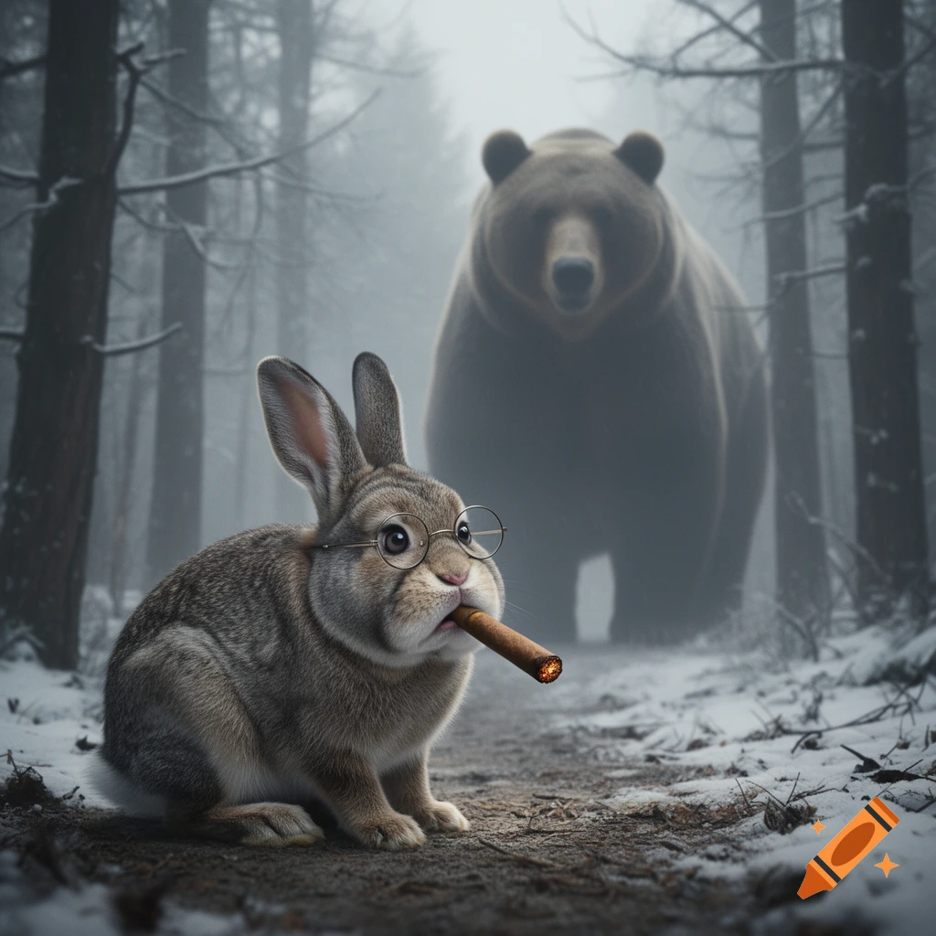 A rabbit with glasses and a lit cigar in its mouth sits in a snowy forest, a large bear looming in the foggy background.