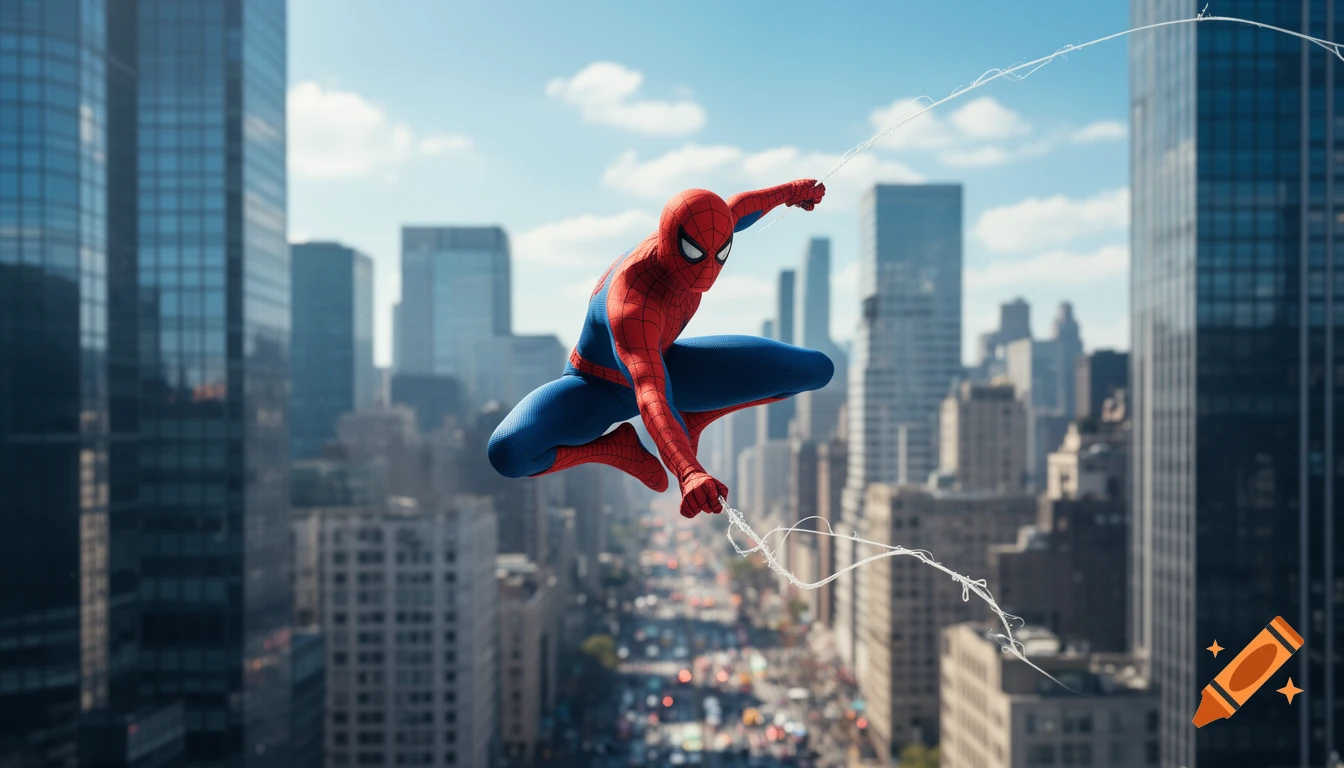 Spider-Man swings through a bustling city with tall skyscrapers under a clear blue sky, photorealistic style.
