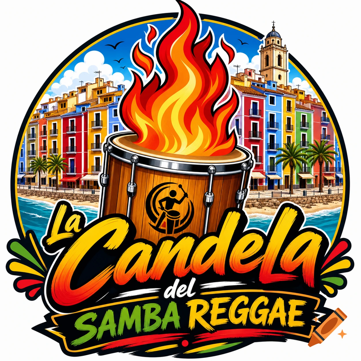 Vibrant logo with a flaming drum, text 'La Candela del Samba Reggae', and a background of colorful Mediterranean-style houses by a beach.