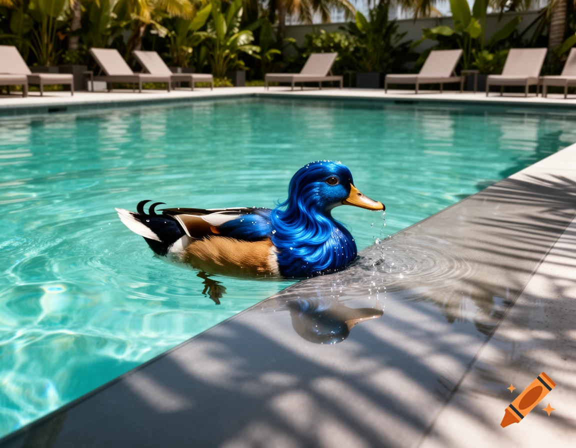 A photorealistic duck with blue hair floats in a clear blue swimming pool with lounge chairs and palm trees in the background.