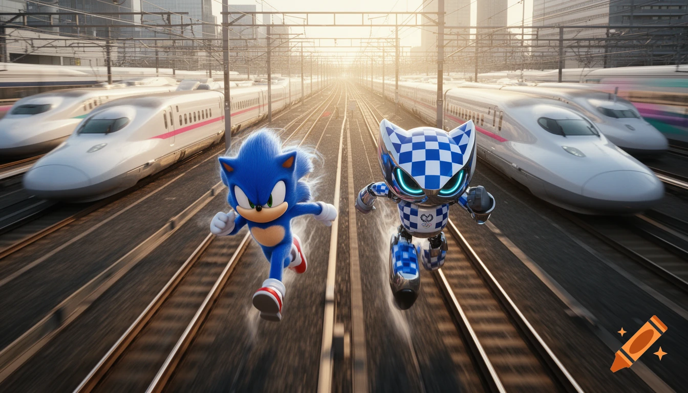 Sonic the Hedgehog and Miraitowa, the Olympic mascot, racing on train tracks as bullet trains speed by. Photorealistic 3D animation.