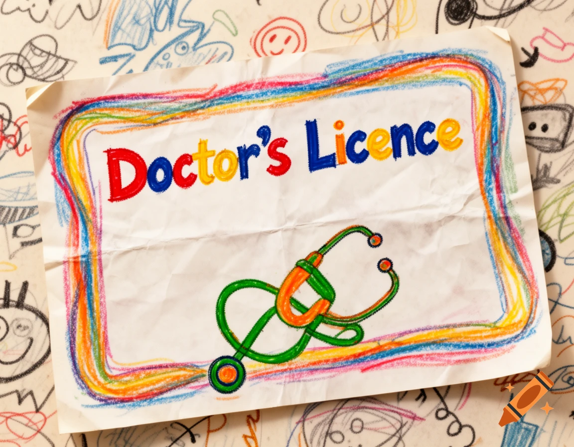A child's crayon drawing of a crumpled 'Doctor's Licence' with a colorful border and a stethoscope.