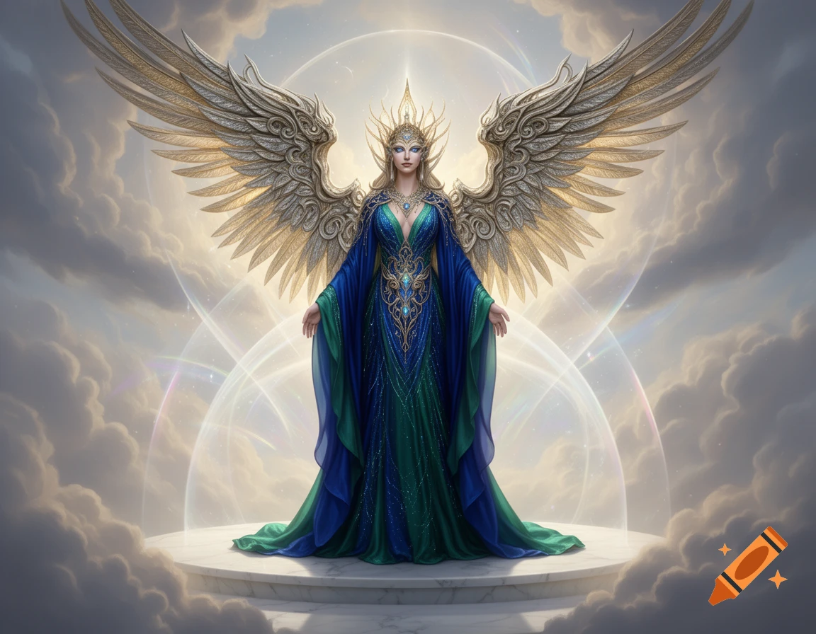 A majestically winged goddess in an ornate blue and green gown, wearing a golden crown, stands on a platform amidst ethereal clouds.