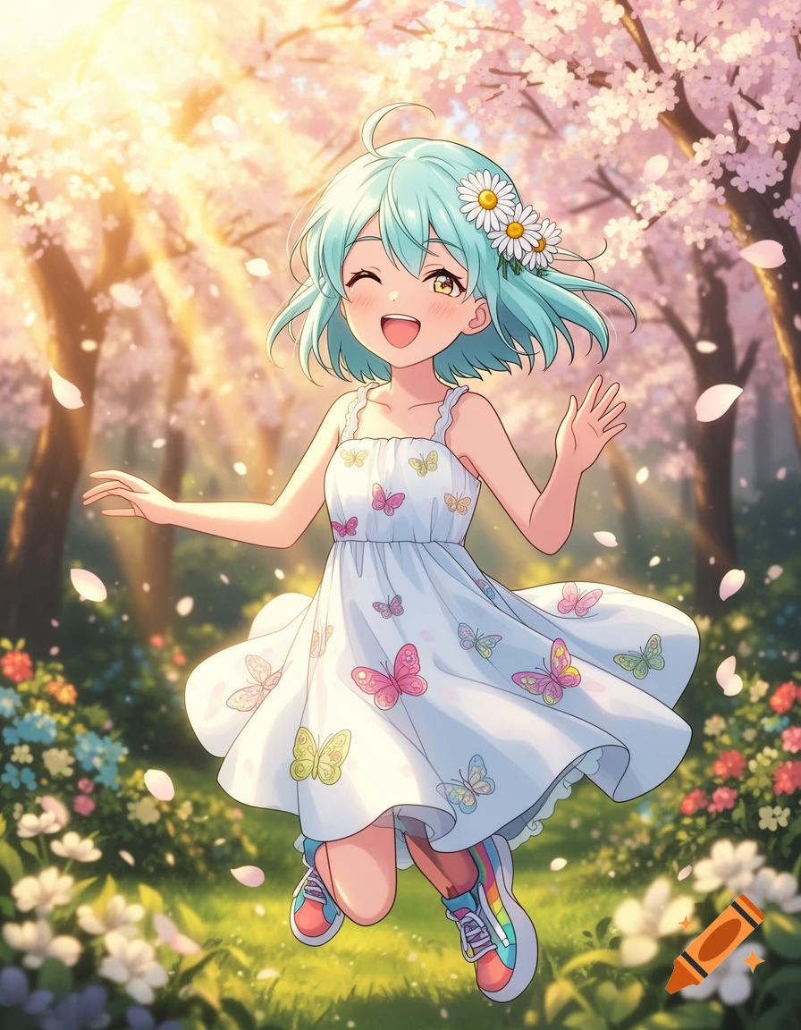 An anime girl with teal hair, wearing a white butterfly dress and sneakers, smiles and jumps in a sunny cherry blossom garden.