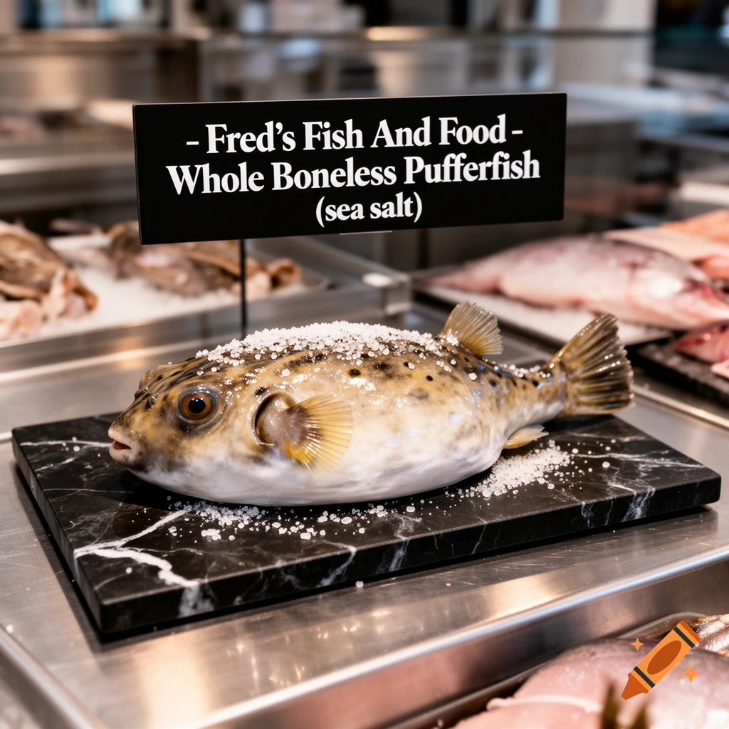 A pufferfish covered in sea salt, displayed on a black marble board with a sign reading "Fred's Fish And Food - Whole Boneless Pufferfish (sea salt)" in a market setting.