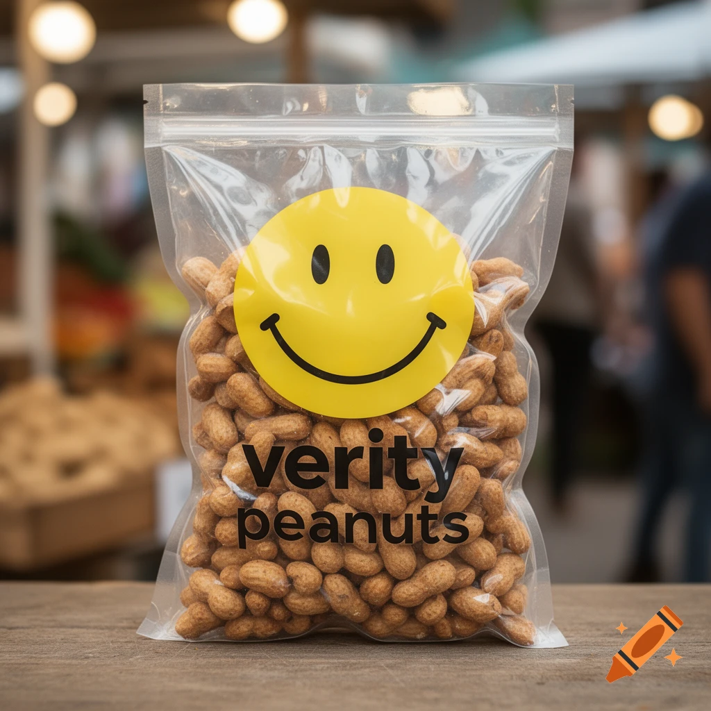 A clear plastic bag filled with peanuts features a yellow smiley face sticker and the label 'verity peanuts' on a wooden surface.