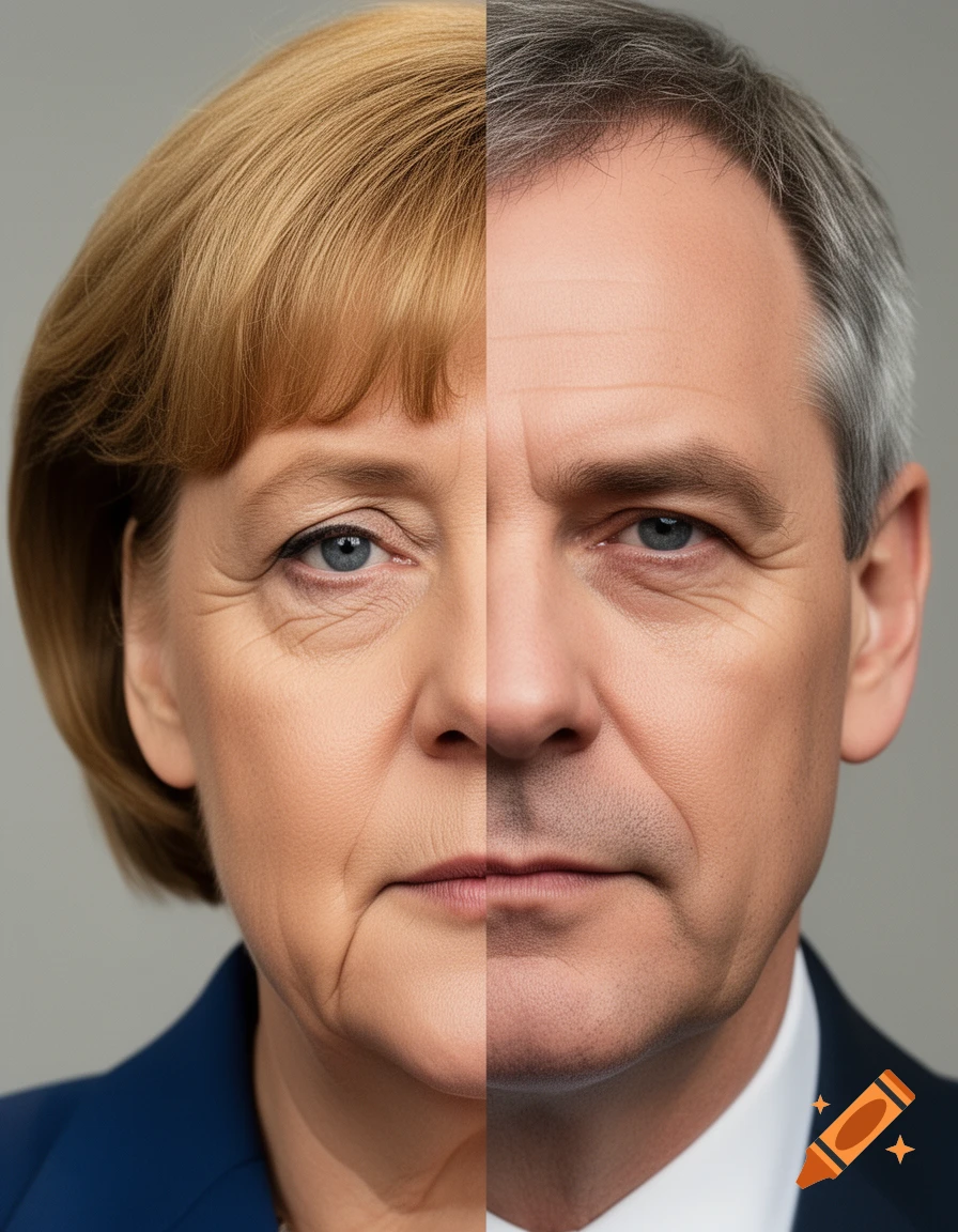 Photorealistic split portrait of Angela Merkel and Friedrich Merz, perfectly stitched down the middle.