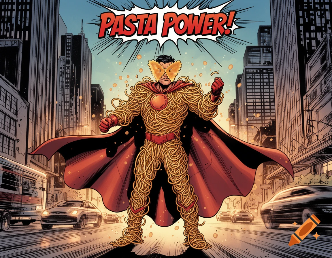 Spaghetti superhero with a red cape and pasta costume stands heroically in a comic book city, with 'PASTA POWER!' text.
