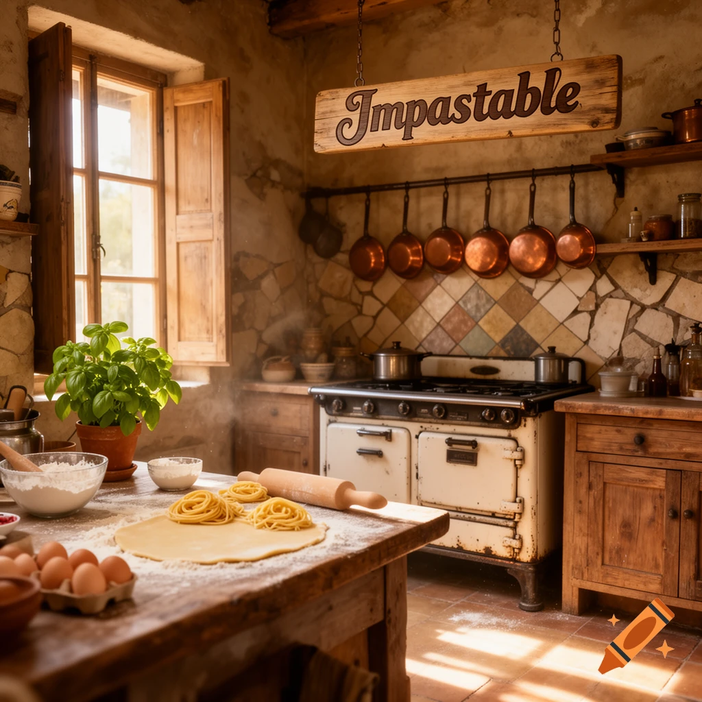 A rustic kitchen scene with fresh pasta dough, flour, eggs, and a rolling pin on a wooden table, beneath a hanging sign that reads "Impastable".