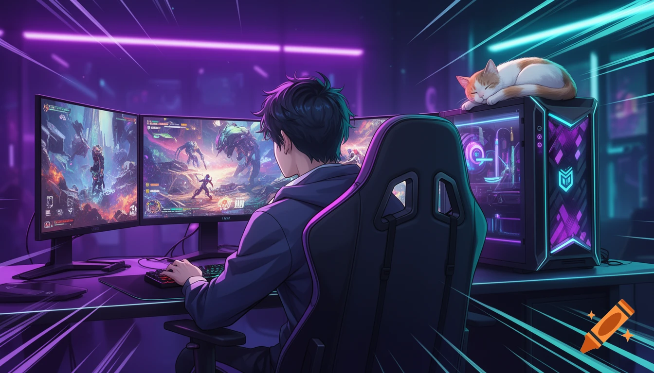 Anime style gamer from behind playing video games on multiple monitors with a cat sleeping on the PC, in a neon cyberpunk room.