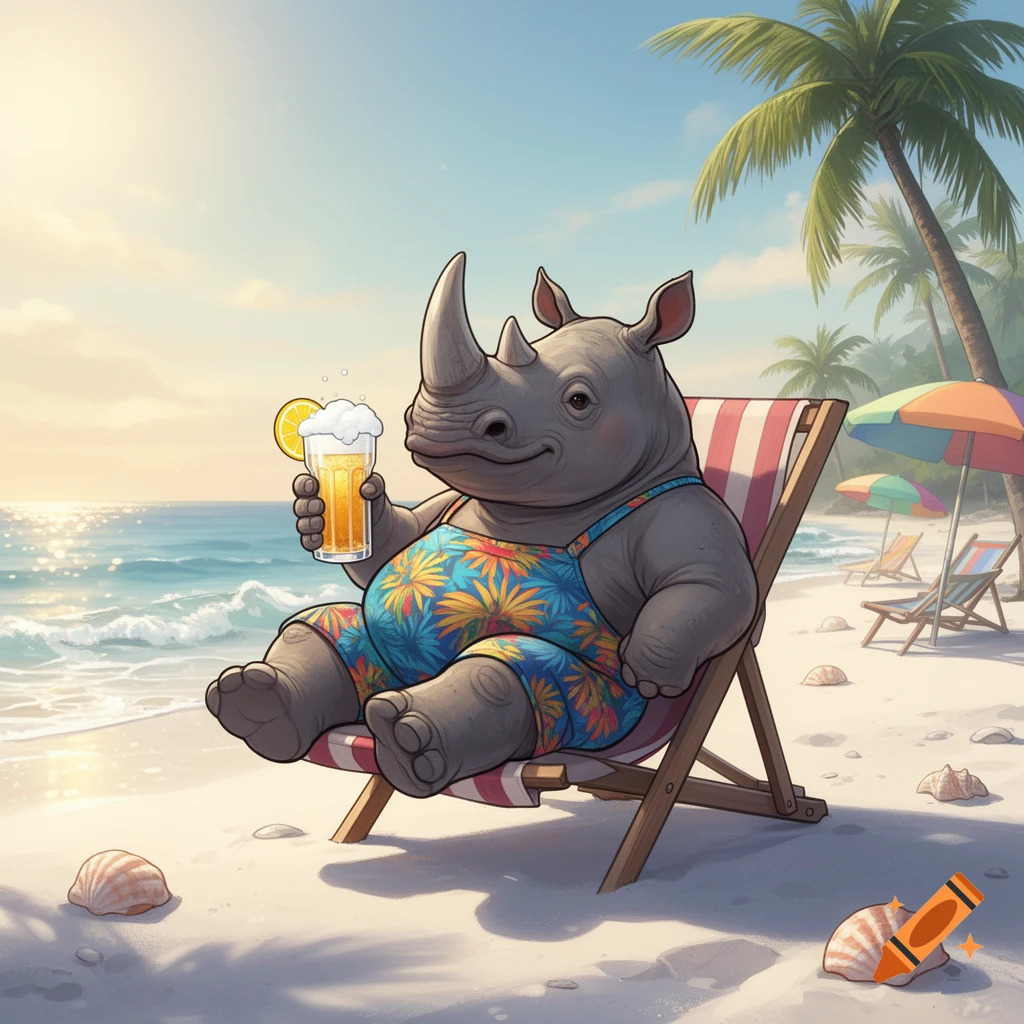 Cartoon rhino in a floral bathing suit sitting on a striped beach chair, holding a frothy drink with a lemon slice, on a sunny tropical beach.