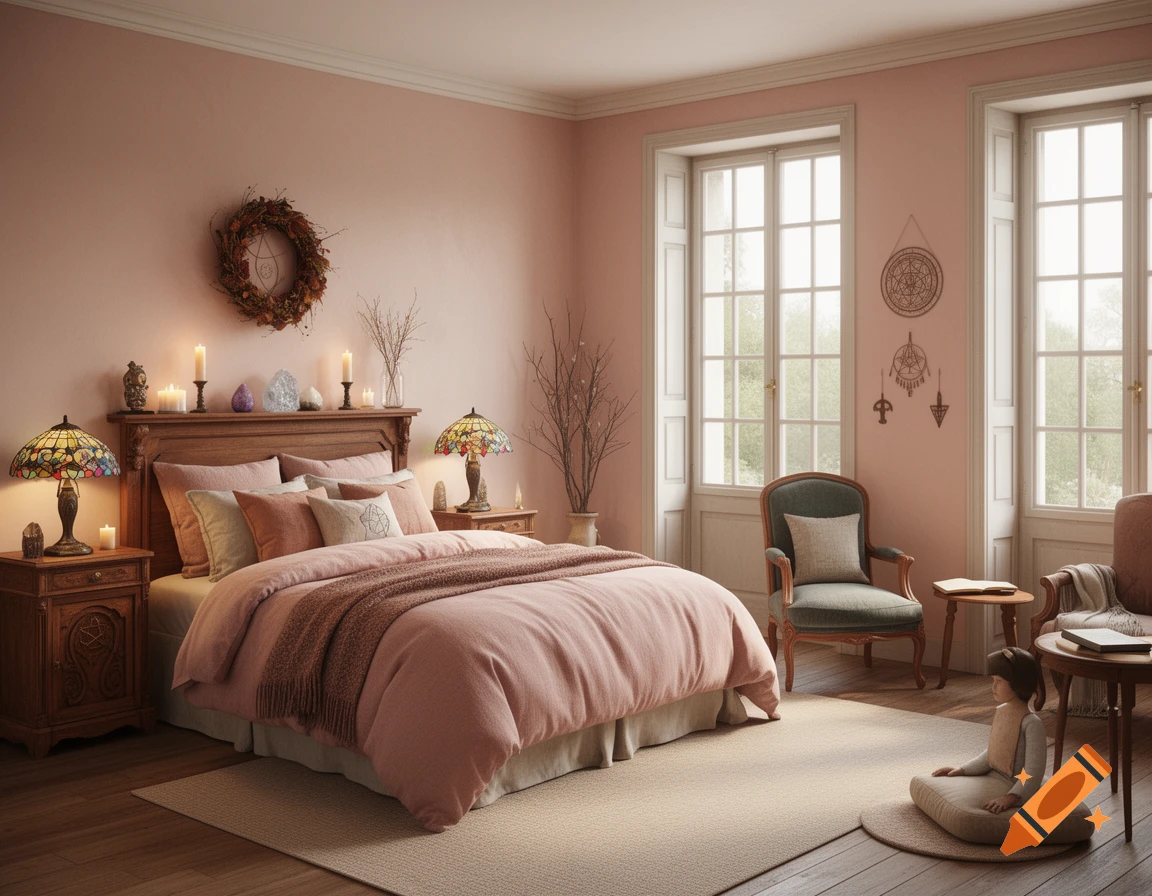 A cozy, photorealistic vintage-style bedroom with pink walls, a queen-size bed, Tiffany lamps, and a meditation corner.