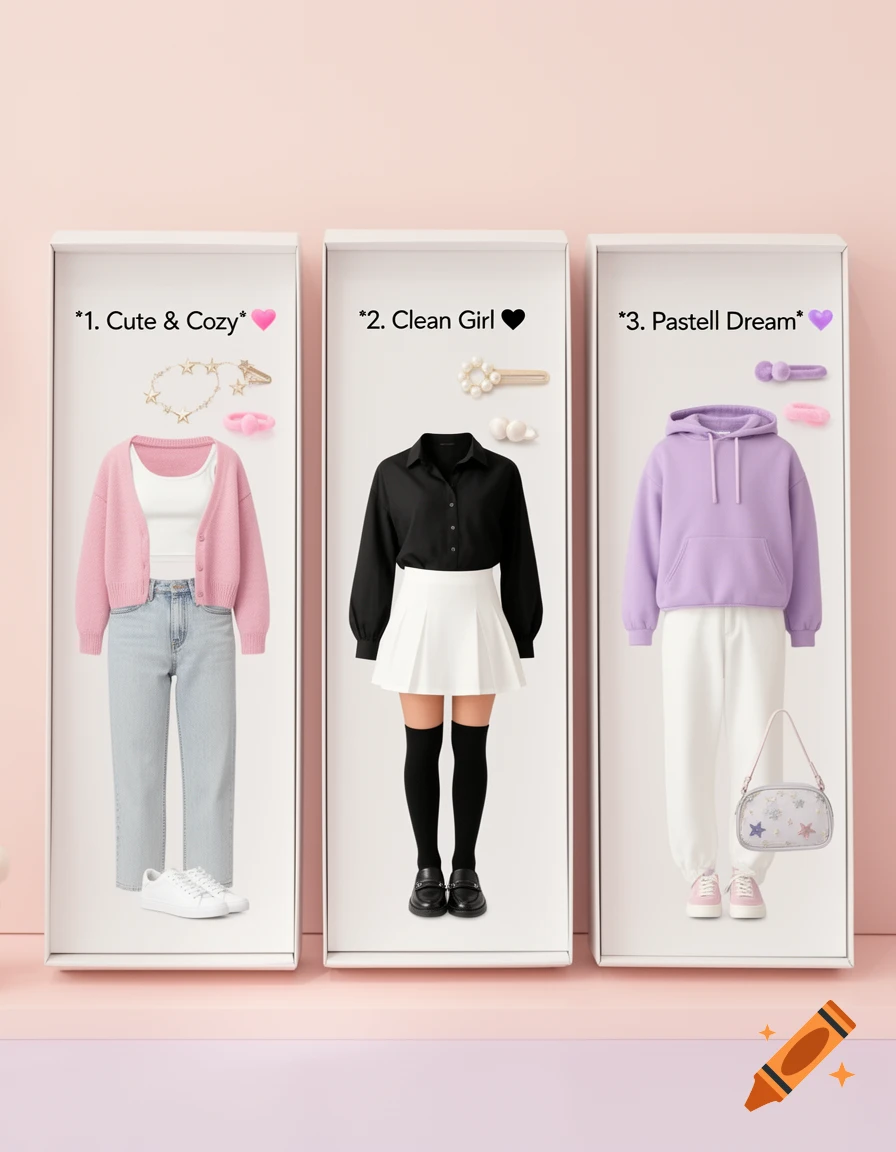 Three curated fashion outfits displayed in white boxes. The first is a pink cardigan, white crop top, light jeans, and white sneakers. The second features a black shirt, white pleated skirt, black knee socks, and black loafers. The third is a lavender hoodie, white joggers, and pink sneakers.