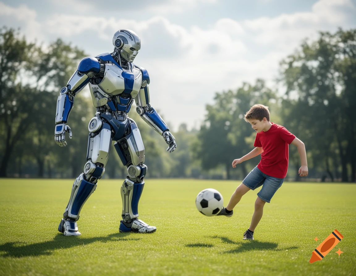 A young boy in a red shirt and denim shorts plays soccer with a tall, blue and silver robot on a grassy field under a sunny sky.