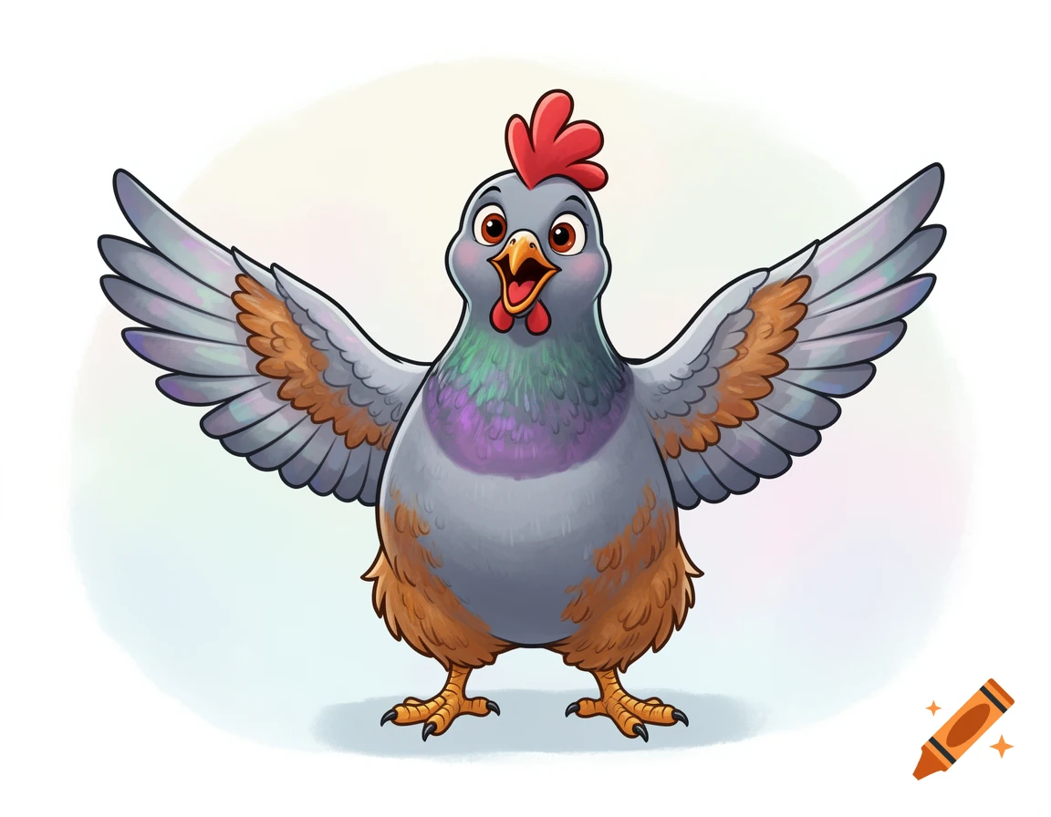 A happy cartoon pigeon and chicken hybrid bird with colorful feathers stands with wings spread.