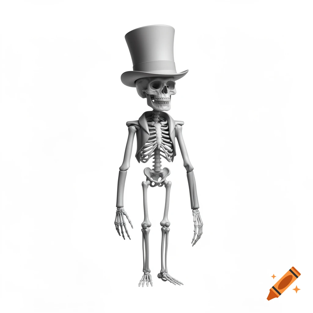 A gray stylized skeleton wearing a top hat and a jacket, standing against a white background.