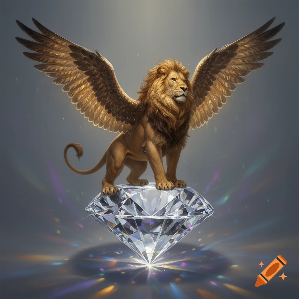 A majestic winged lion stands atop a sparkling, faceted diamond, with a soft, ethereal background.