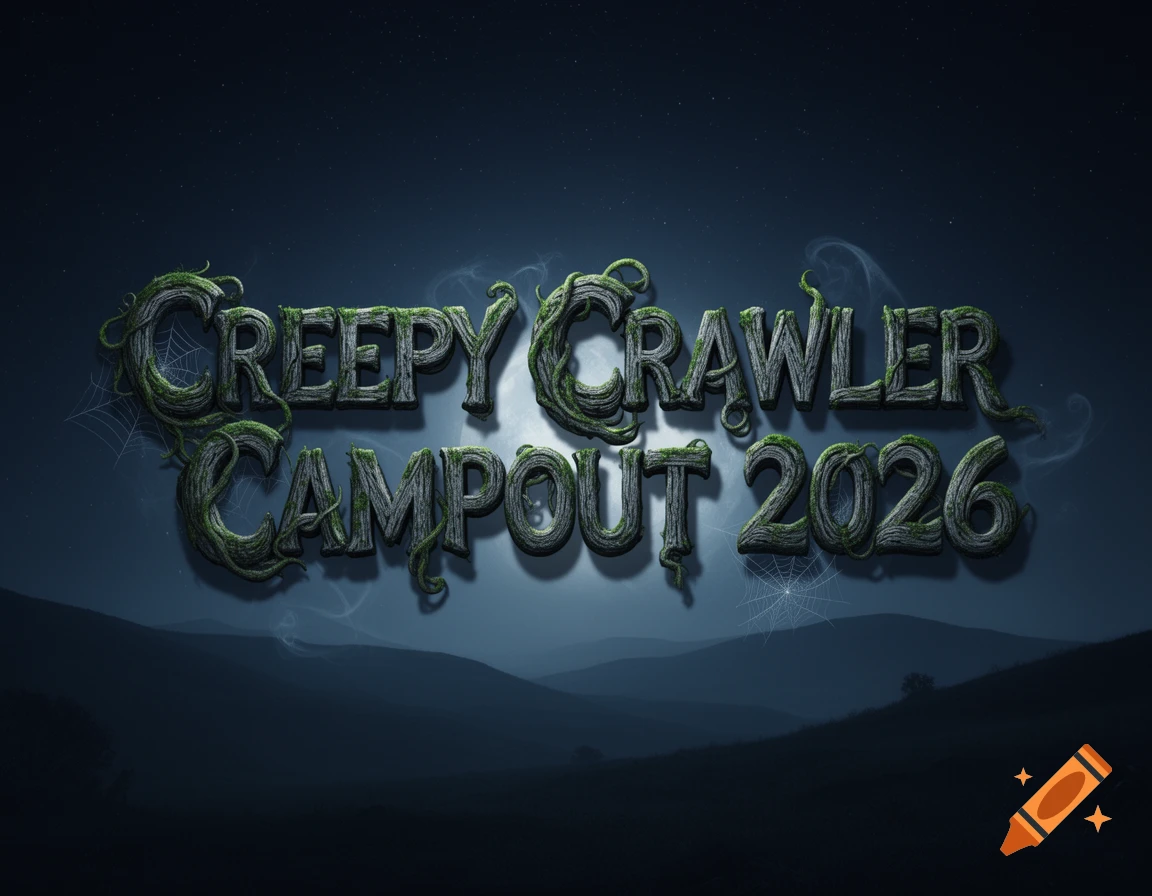 The words 'CREEPY CRAWLER CAMPOUT 2026' in a spooky, moss-covered, bark-like font against a dark, starry night sky and misty mountains.