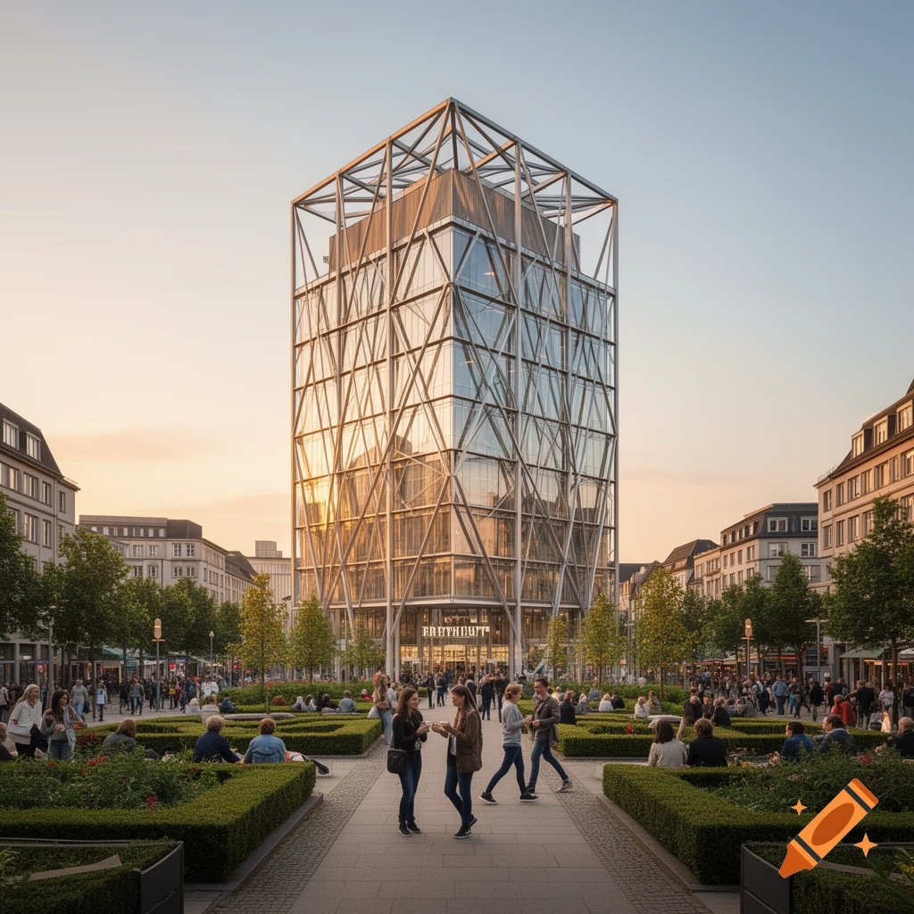 A modern building with a metal geometric facade stands in a lively city square at sunset, surrounded by people.
