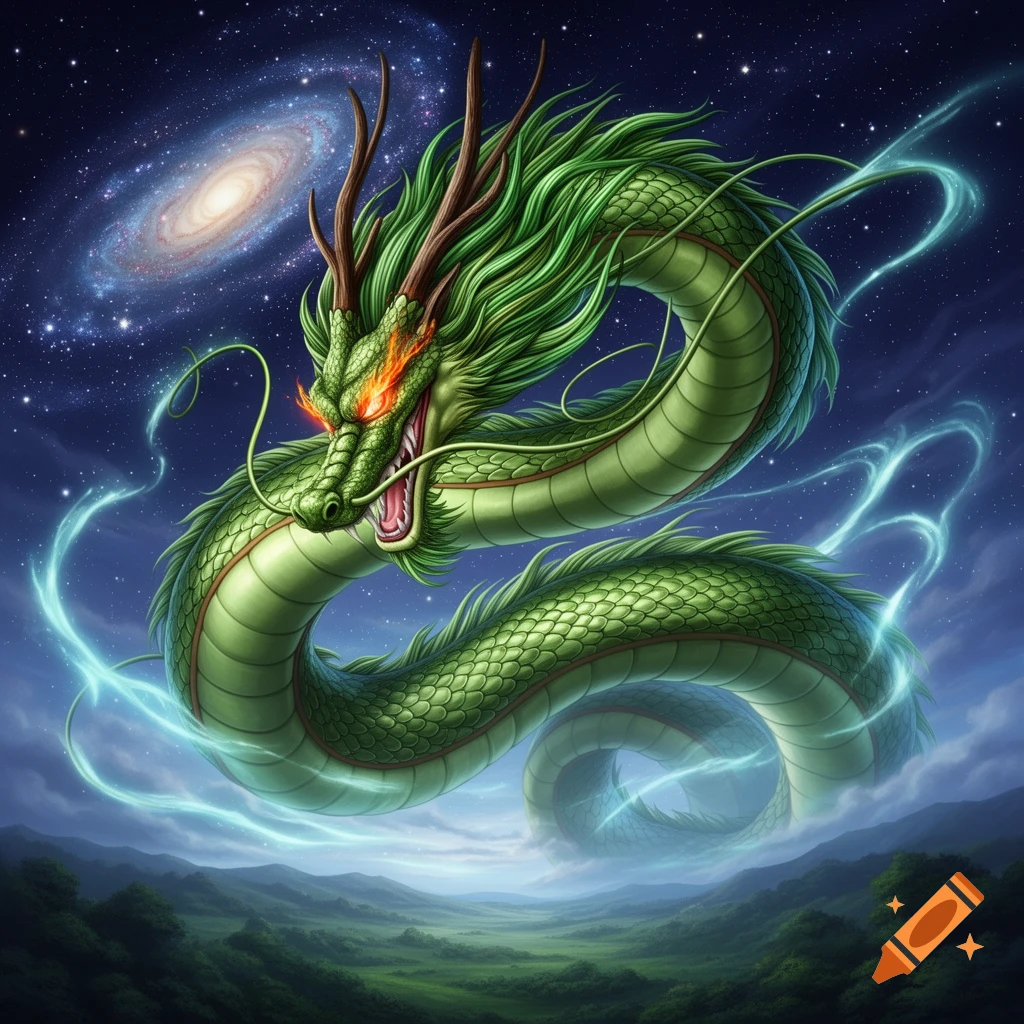 Green dragon Shenron with glowing red eyes and antlers floats in a starry night sky with a galaxy, above a misty green landscape.