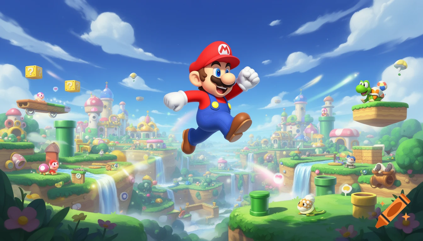 Mario jumps in a vibrant 3D fantasy world with floating islands, castles, and waterfalls, surrounded by classic game elements.