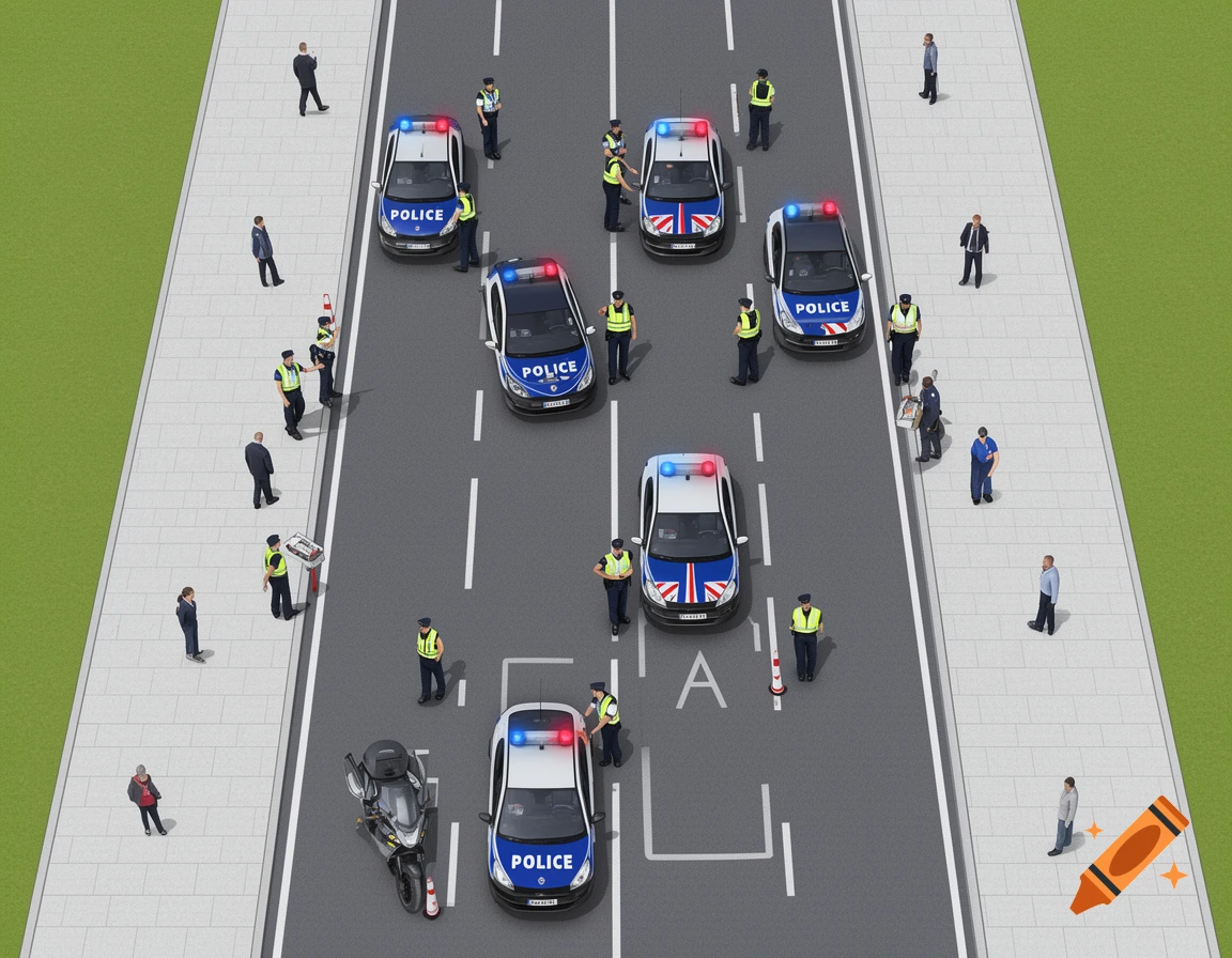 Top-down illustration of a police control point on a double-lane road with a wide sidewalk, showing police cars, officers, a motorcycle, and a few civilian cars.