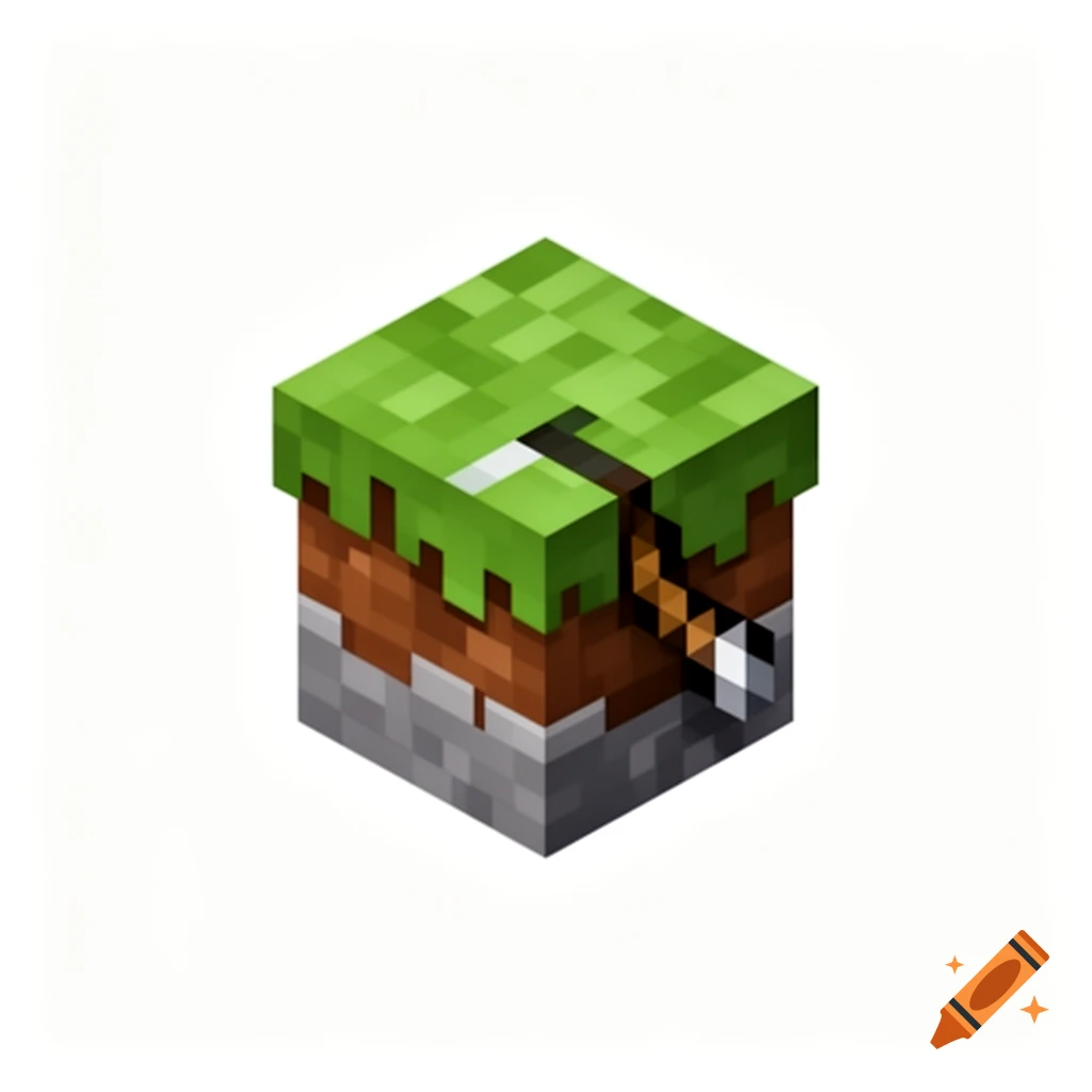 A pixelated Minecraft-style grass block with an arrow sticking out of the top, showing layers of dirt and stone.