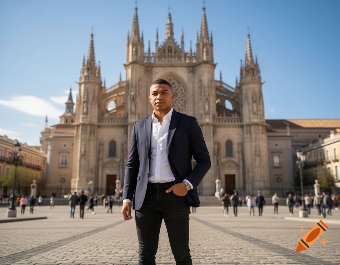A man resembling Kylian Mbapp Holding a camera, wearing a white shirt and black suit, stands in a stone plaza in front of a grand Gothic cathedral.