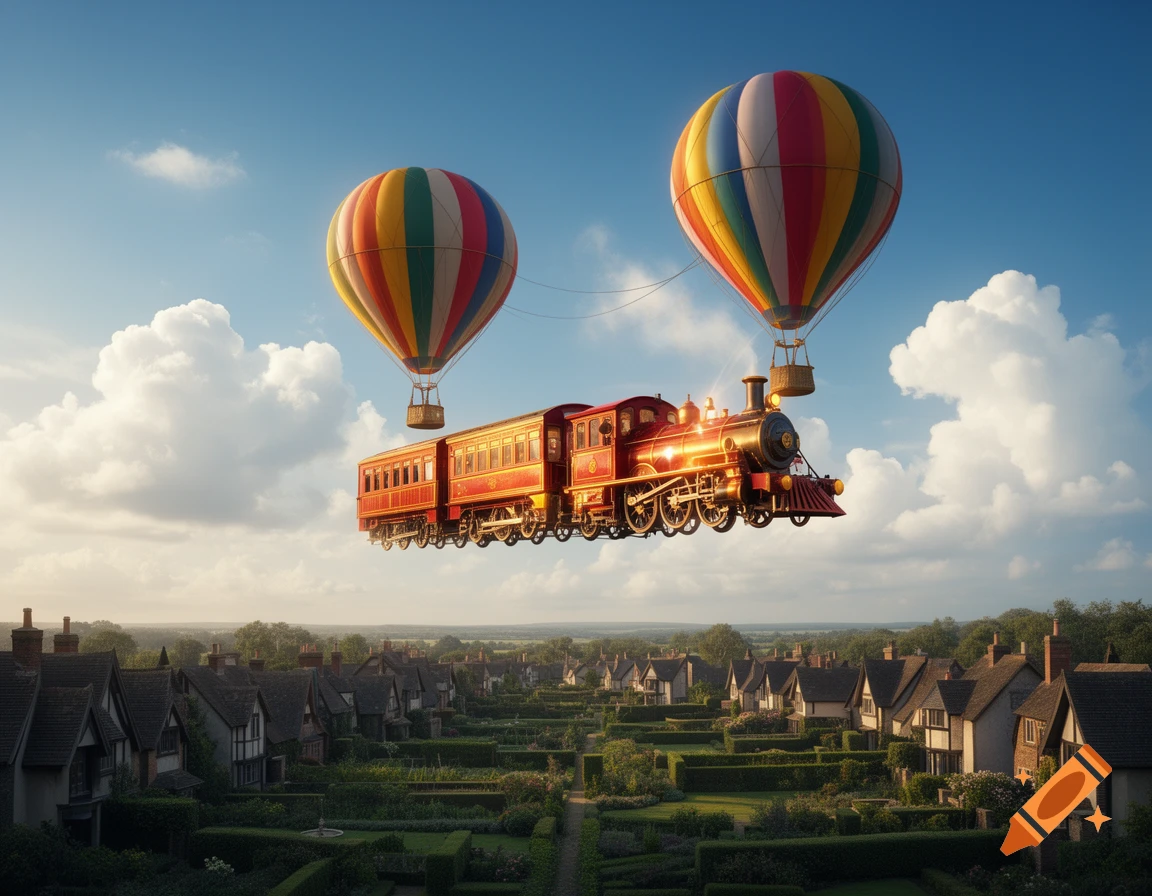 A red train, suspended by two colorful hot air balloons, flies above a quaint village under a clear blue sky with clouds.