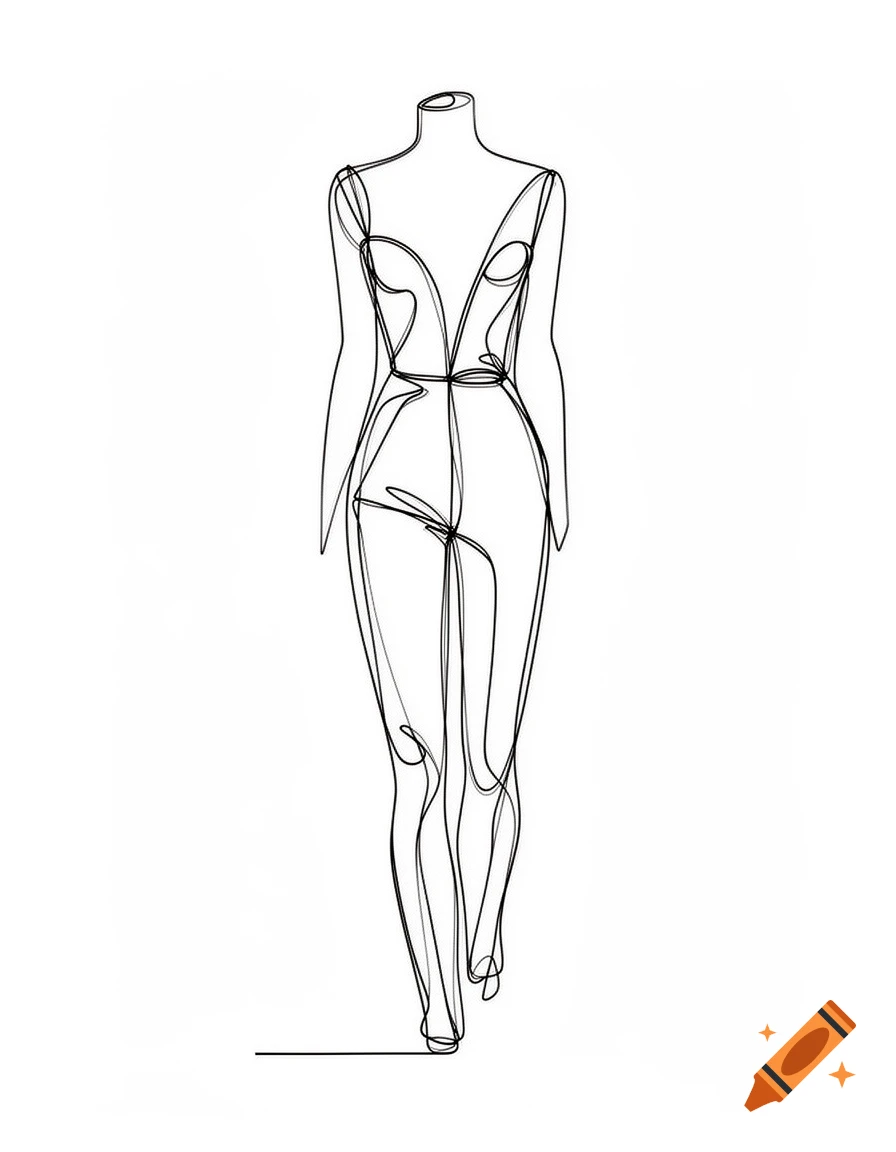 A minimalist continuous single line drawing of a headless torso in a skin-tight jumpsuit, isolated on a white background.