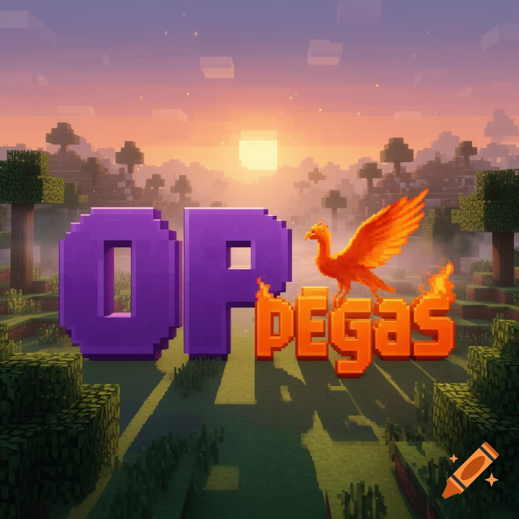 Blocky purple 'OP' and orange 'PEGAS' text with a fiery phoenix in a pixelated Minecraft landscape at sunset.