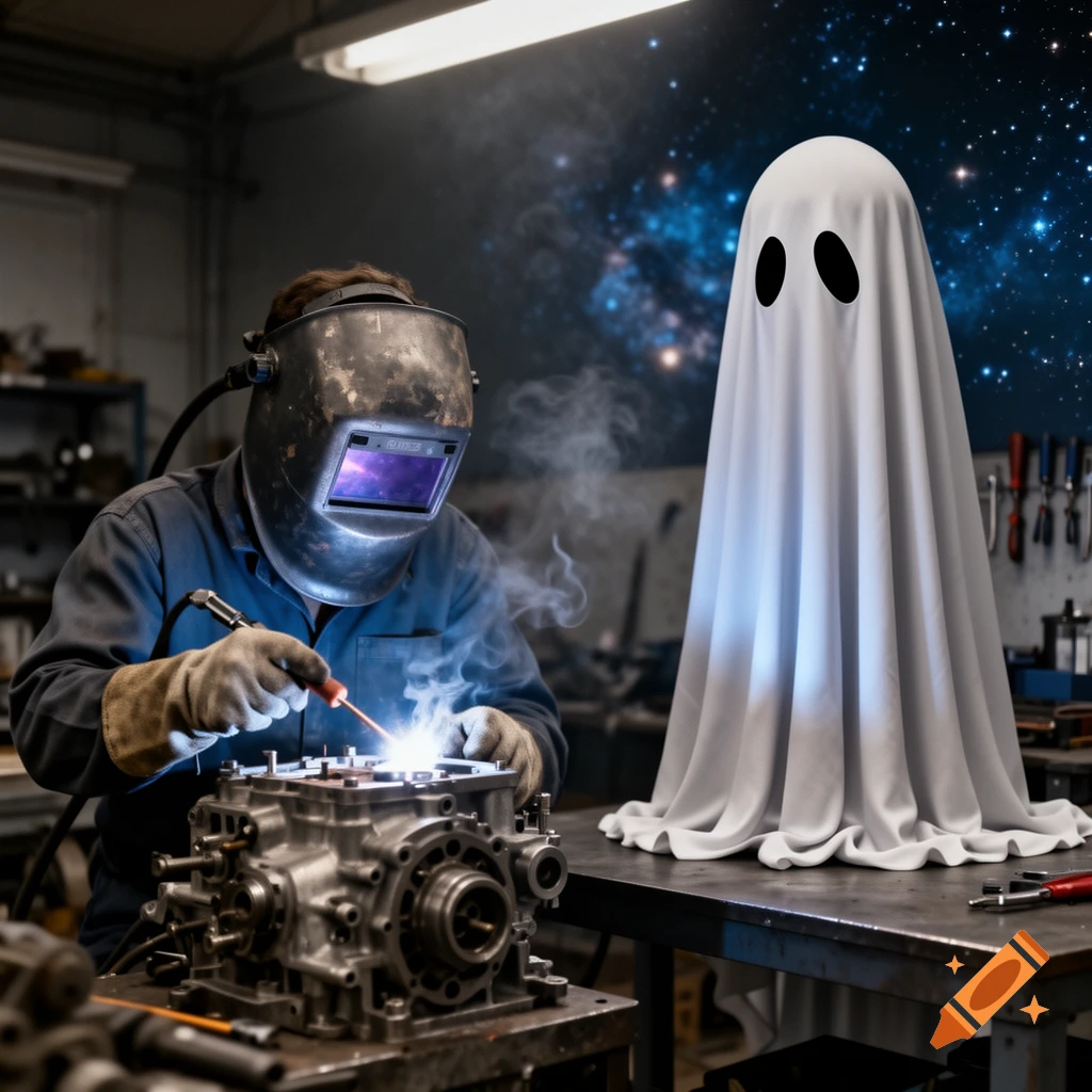 A welder in a helmet works on intricate machinery, creating bright sparks and smoke, while a simple sheet ghost with black eyes stands nearby, all against a starry night sky backdrop.