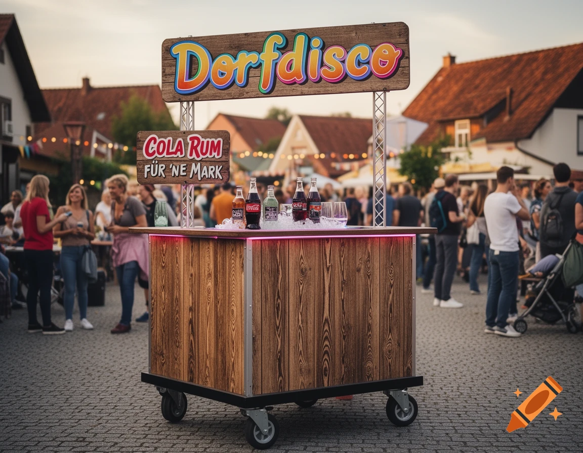 Mobile wooden bar stand at an outdoor village event with "Dorfdisco" and "Cola Rum" signs, drinks on ice, and blurred people in the background.