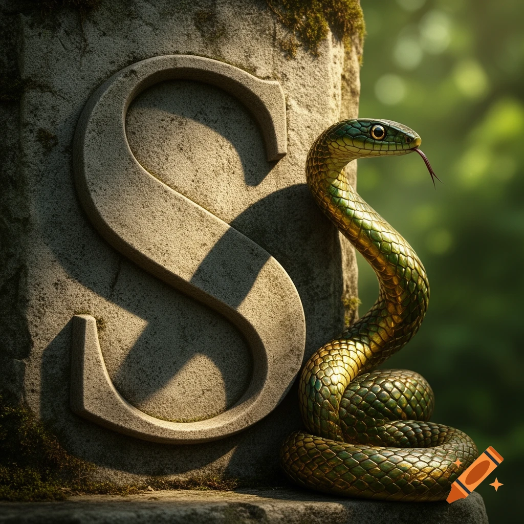 A close-up shot of a vibrant green and gold snake coiled next to a large, moss-covered stone letter S in a forest setting.
