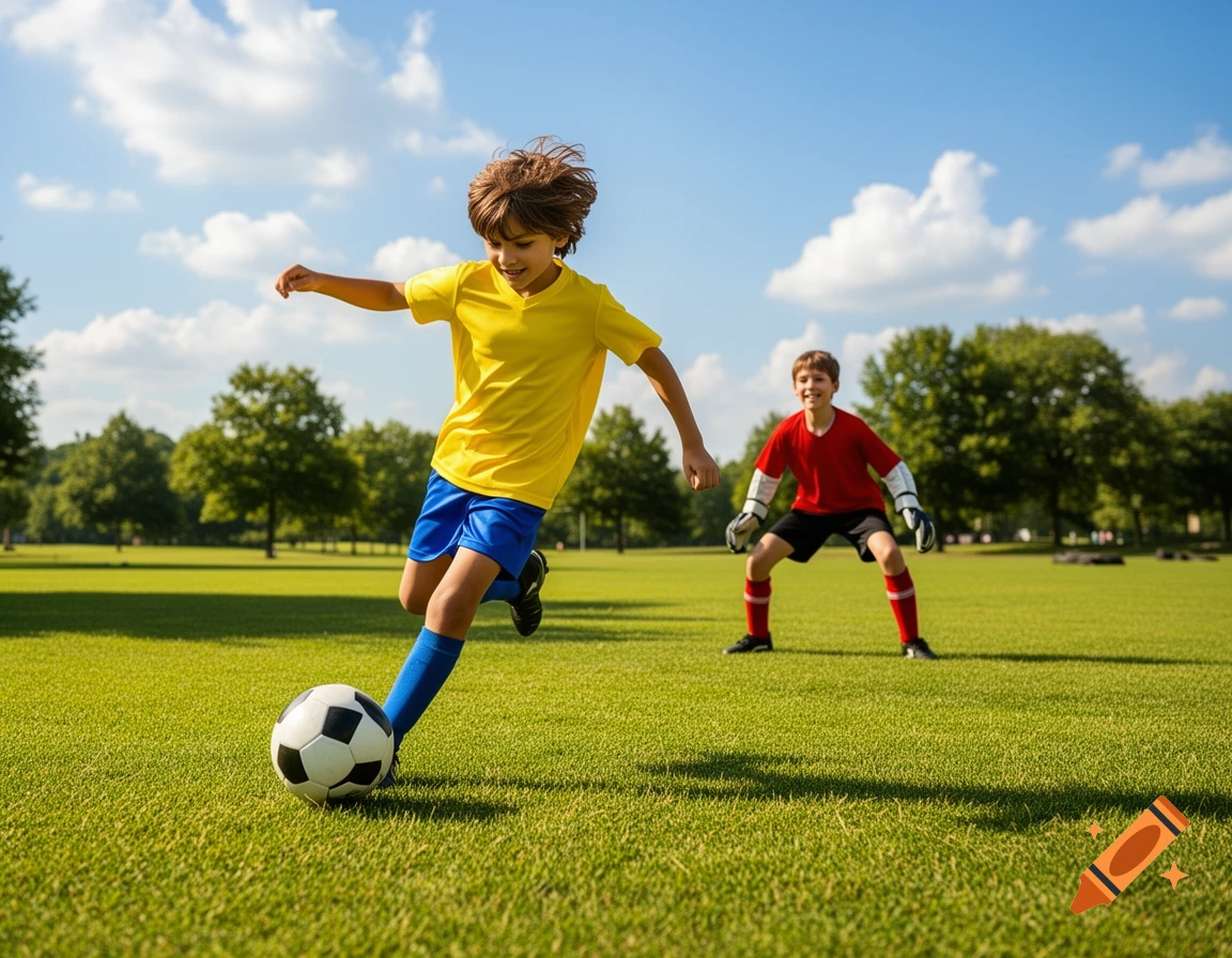 A young boy in a yellow shirt and blue shorts kicks a soccer ball on a sunny green field, with another boy in red as goalkeeper in the background.