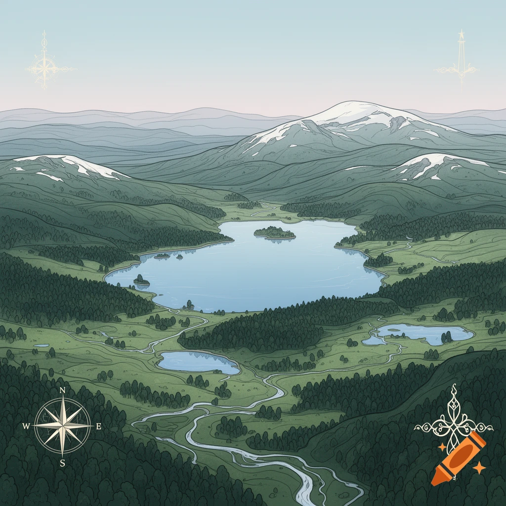 Stylized topological map of a vast landscape with lakes, rivers, forests, and snow-capped mountains. A compass rose.