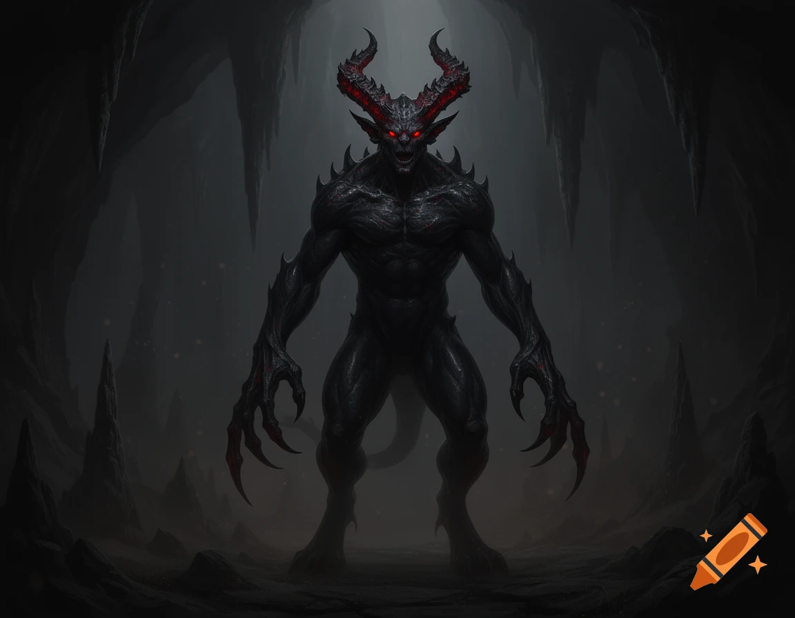 A formidable dark-skinned demon with glowing red eyes, red horns, and sharp claws stands in a dark cave, in a dark fantasy art style.