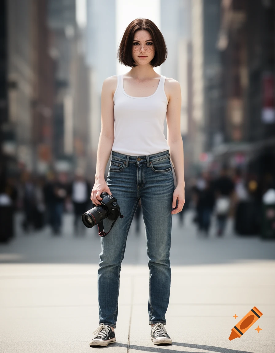 A photorealistic image of a young woman with short dark hair and freckles, wearing a white tank top and jeans, holding a camera in a city street.