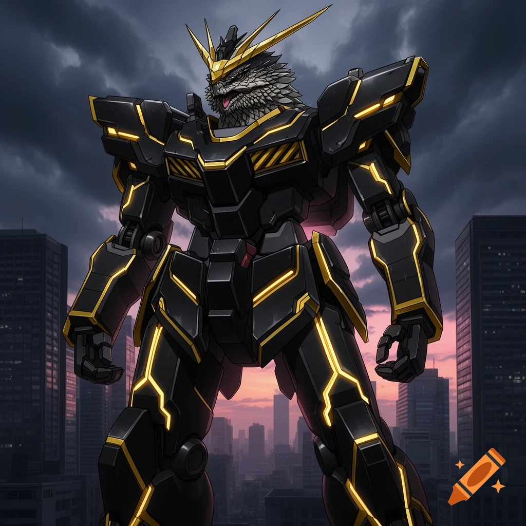 A black and gold mech with a reptilian head stands against a city skyline under a dramatic sunset sky in an anime style.
