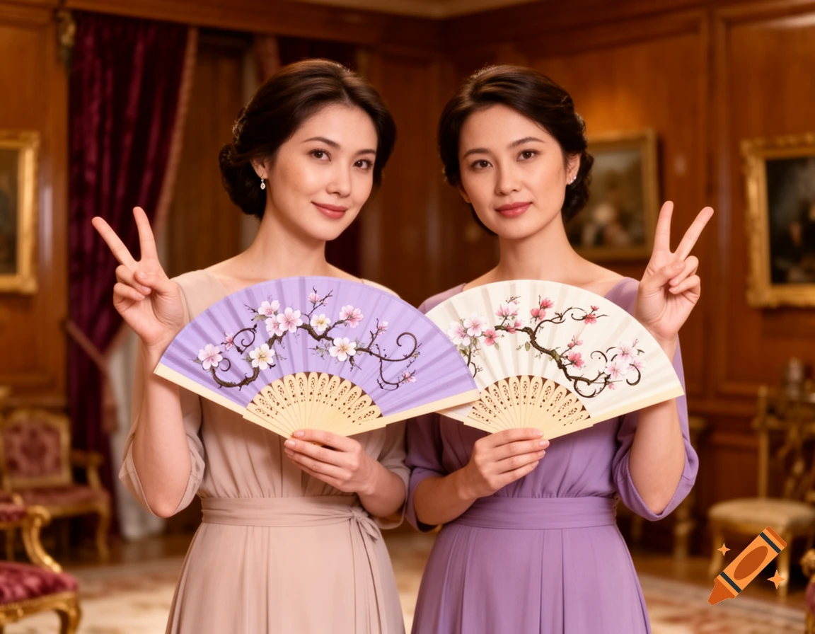 Two women in elegant beige and purple dresses hold floral fans and make peace signs in a luxurious room.
