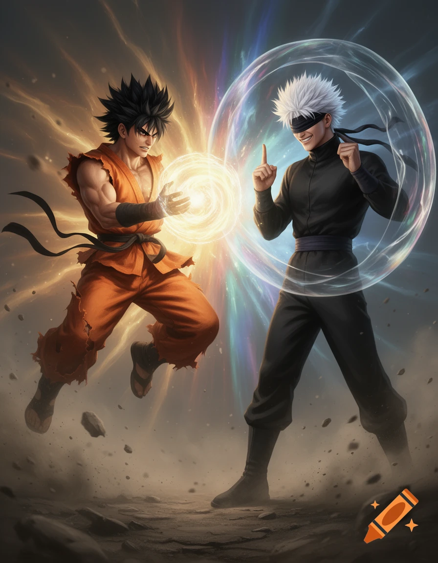 Anime-style Goku and Gojo Satoru face off in a dynamic battle, Goku with an energy ball, Gojo in a protective bubble.