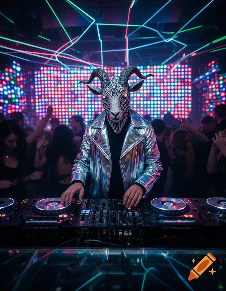 A person wearing an ornate goat mask and a metallic silver jacket DJs in a vibrant, neon-lit nightclub with a crowd dancing in the background.