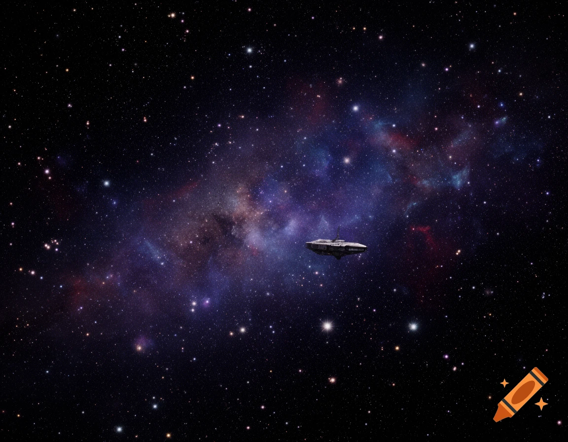 A dark space scene featuring a detailed spaceship flying through a vast field of stars and colorful nebulae.