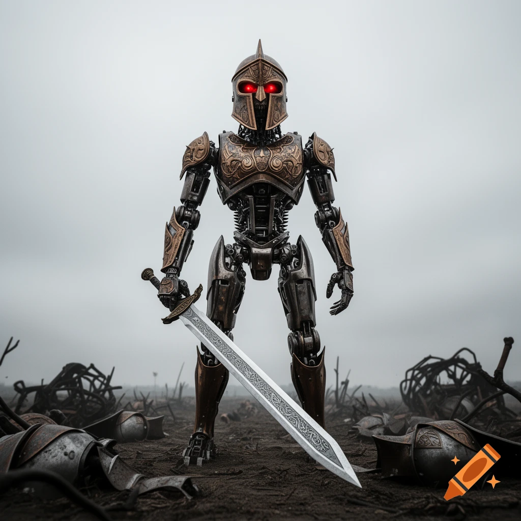 A photorealistic Spartan skull robot with glowing red eyes holds a sword on a desolate battlefield under a grey sky.
